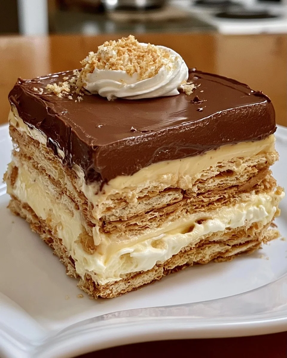 No-Bake Chocolate Eclair Cake with layers of chocolate and cream.