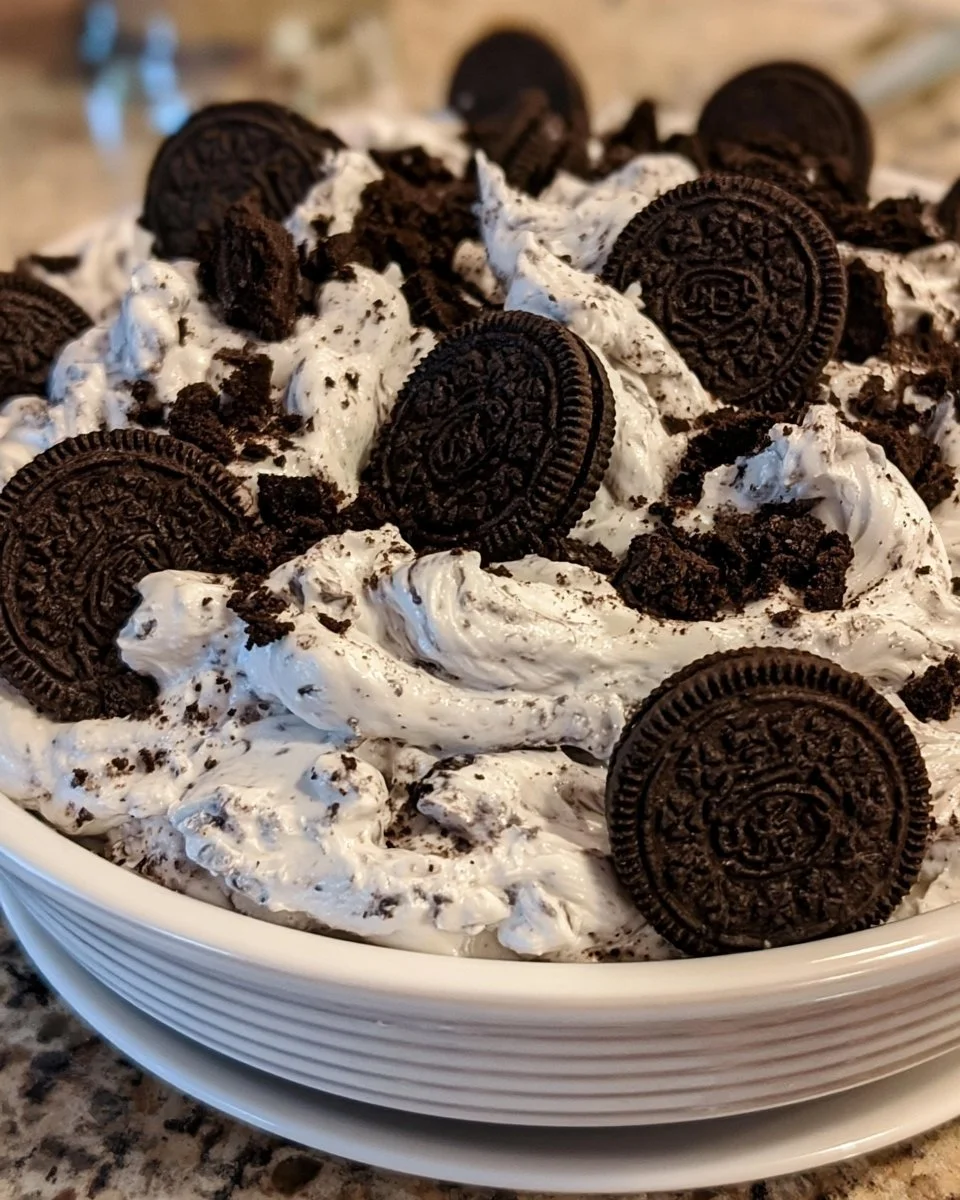 Delicious Oreo Cheesecake Dip served in a bowl with Oreo cookie crumbles