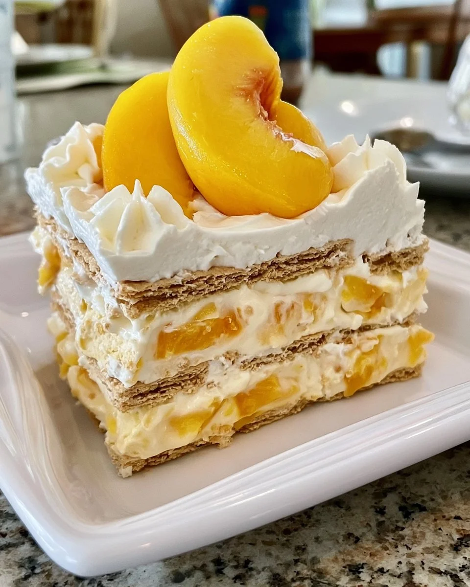 Peaches and Cream Icebox Cake topped with fresh peaches and cream in a dish
