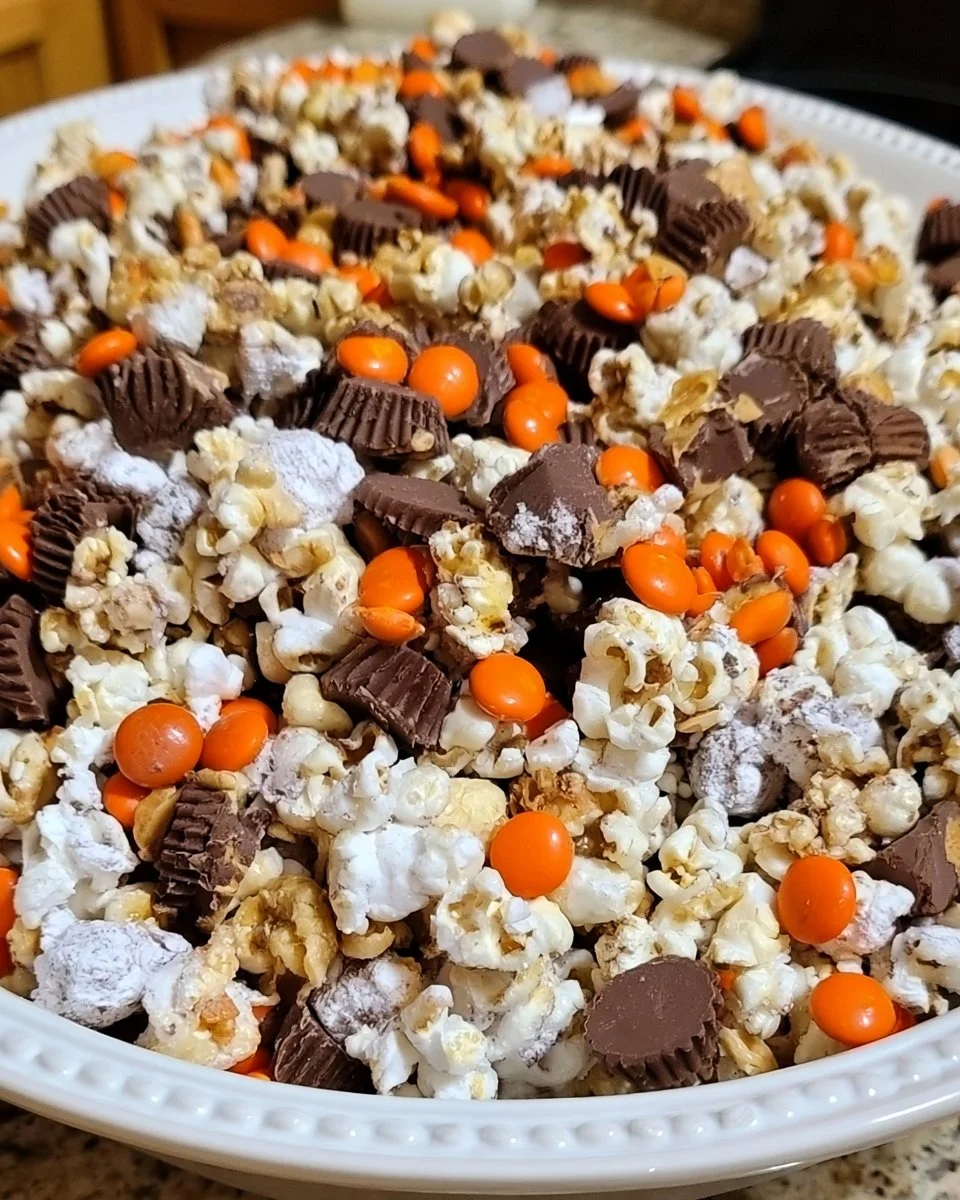 Delicious Reese's Peanut Butter Cup Popcorn made with chocolate and peanut butter