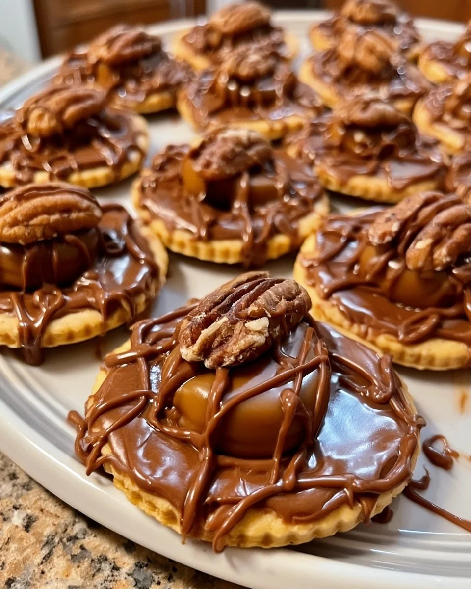 Delicious Ritz Cracker Turtles topped with chocolate and nuts