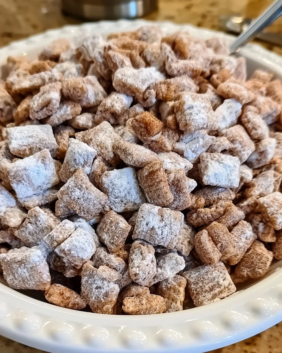 Delicious snickerdoodle muddy buddies snack mix in a bowl