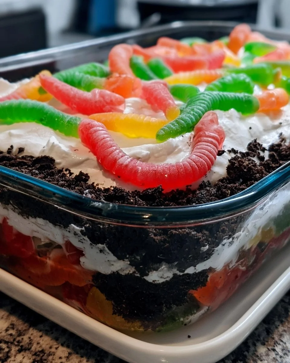 Delicious Trolli Dirt Cake Dessert featuring gummy worms and oreo crumbles.